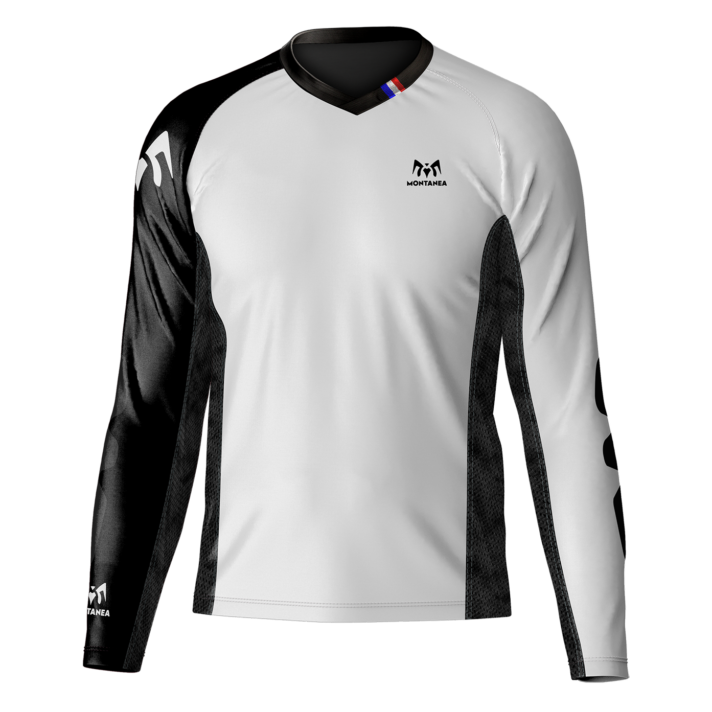 Tee-shirt, maillot, encolure en V, manche longue, manche raglan, renfort coude, panneau dorsal prolongé, coupe droite, aération coté et dessous de bras, Montanea, Bike, bleu, blanc, rouge, montanea.bike, matière TPU anti déchirure coude, jersey respirant, tissu technique, matière recyclée, élasthanne, jersey Oeko-tex standard 100, uni, noire.