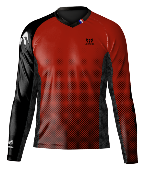 Tee-shirt, maillot, encolure en V, manche longue, manche raglan, renfort coude, panneau dorsal prolongé, coupe droite, aération coté et dessous de bras, Montanea, Bike, bleu, blanc, rouge, montanea.bike, matière TPU anti déchirure coude, jersey respirant, tissu technique, matière recyclée, élasthanne, jersey Oeko-tex standard 100, uni, rouge, noire.