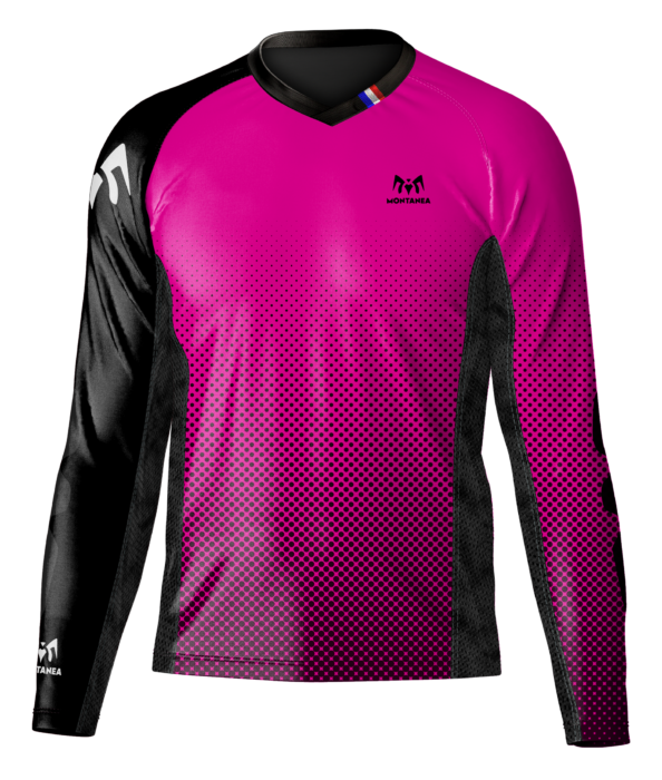 Tee-shirt, maillot, encolure en V, manche longue, manche raglan, renfort coude, panneau dorsal prolongé, coupe droite, aération coté et dessous de bras, Montanea, Bike, bleu, blanc, rouge, montanea.bike, matière TPU anti déchirure coude, jersey respirant, tissu technique, matière recyclée, élasthanne, jersey Oeko-tex standard 100, uni, rose, noire.